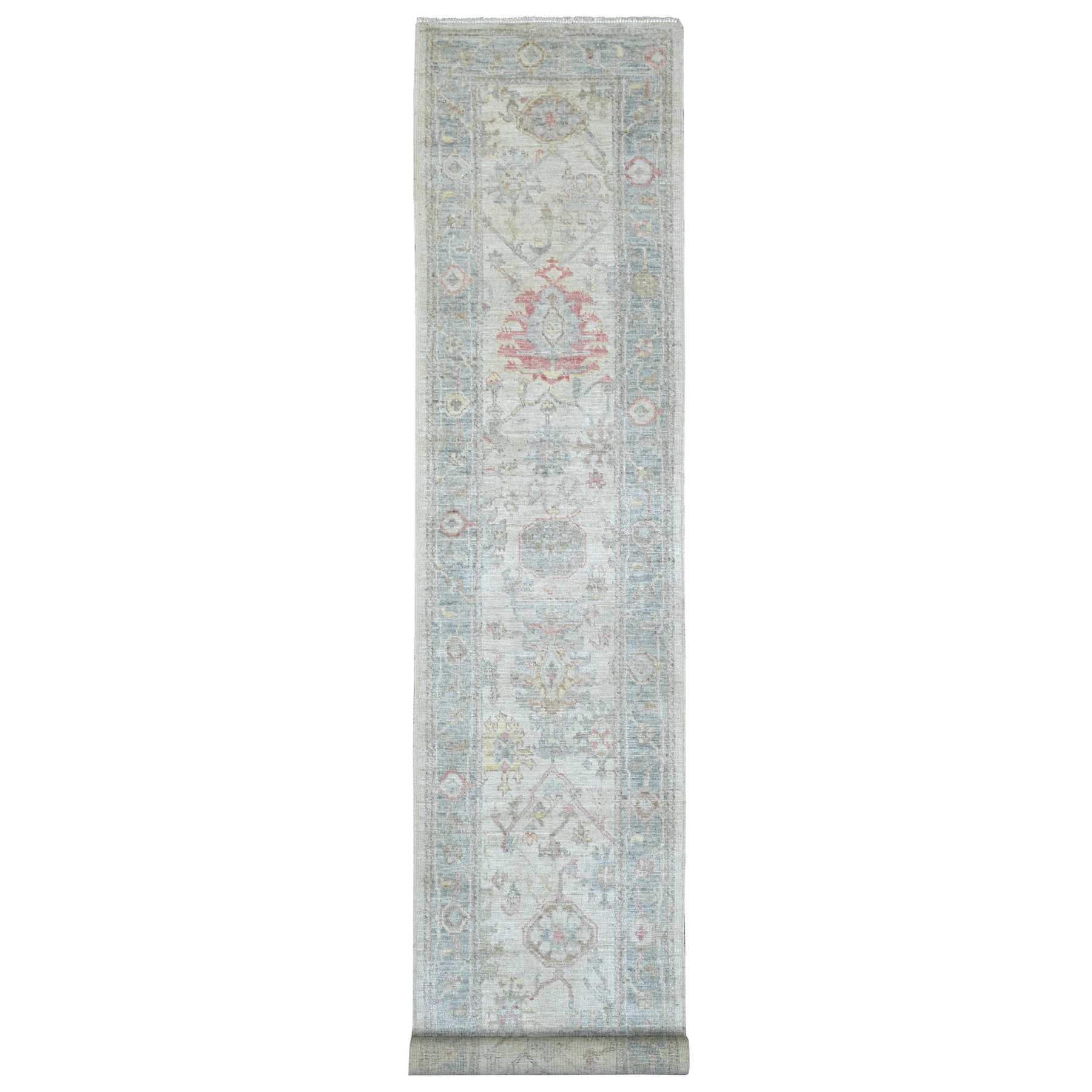 3'x16'4" Oyster White, Hand Knotted, Afghan Angora Oushak with All Over Leaf Design, 100% Wool, Vegetable Dyes, XL Runner, Oriental Rug 